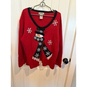 Timberlea XL Red Snowman Christmas Sweater 3D Scarf Beaded Snowflakes Knit